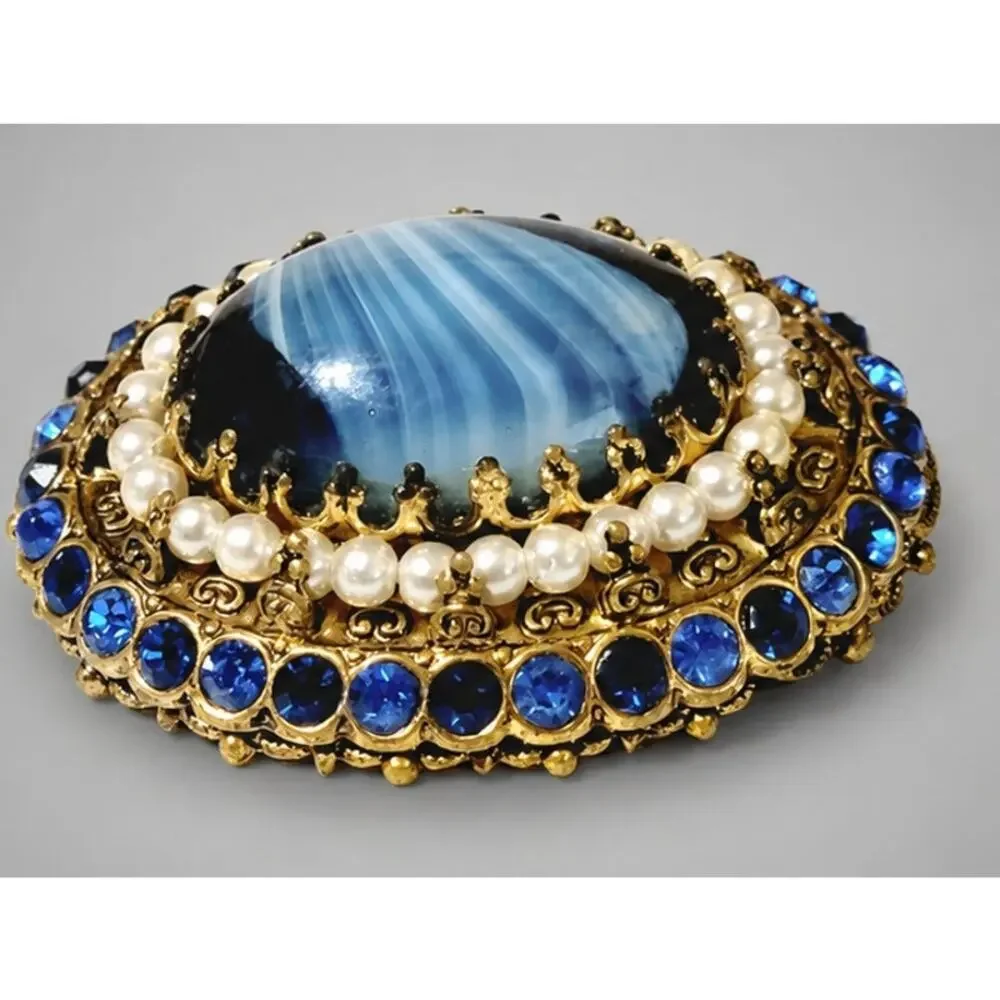 Stunning Blue Slag Glass Brooch Pin Rhinestones 2